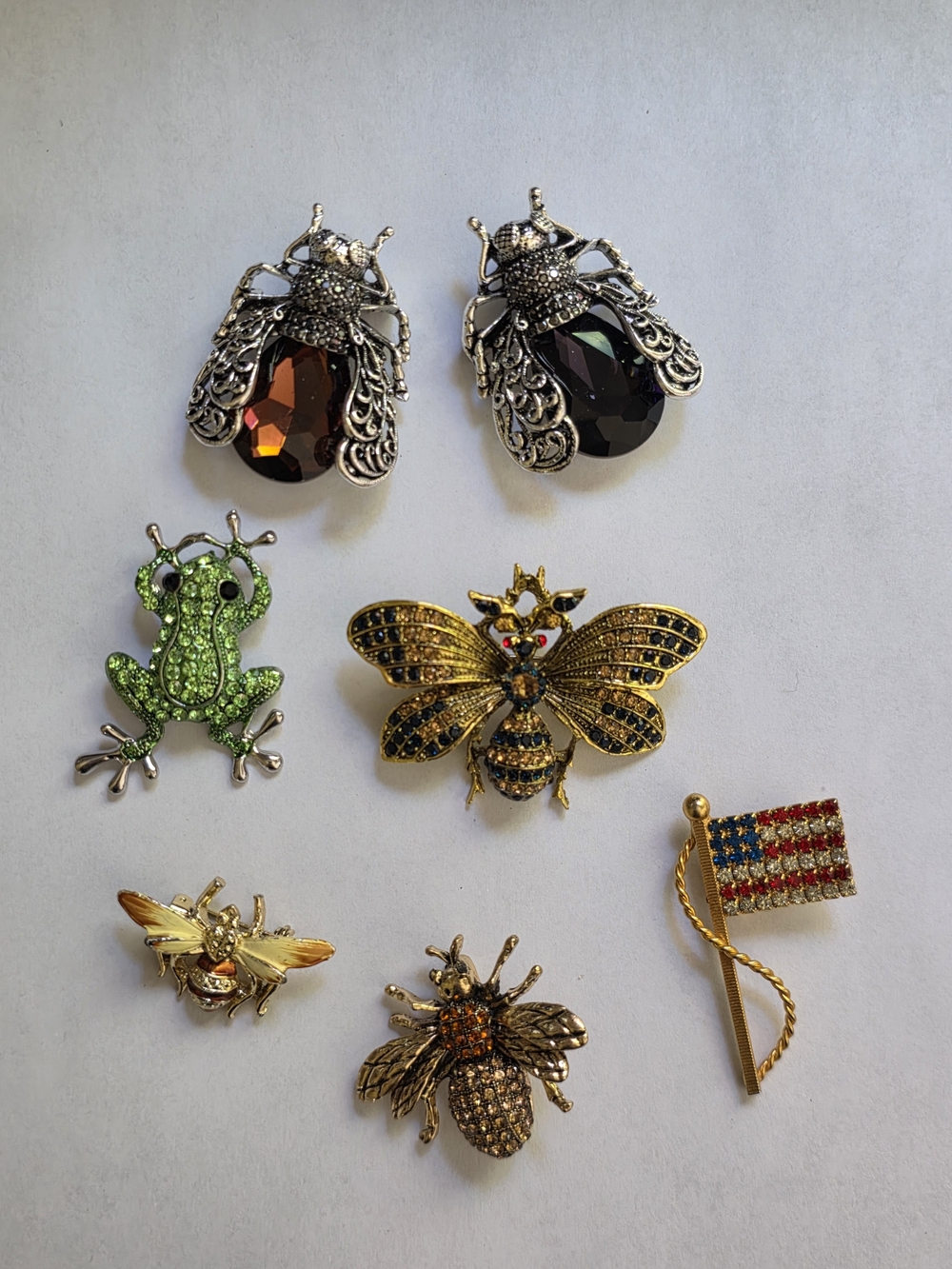 Lot of 7 Silver and Amber Insect Decorative Pet Accessory Brooch Set - Unmarked